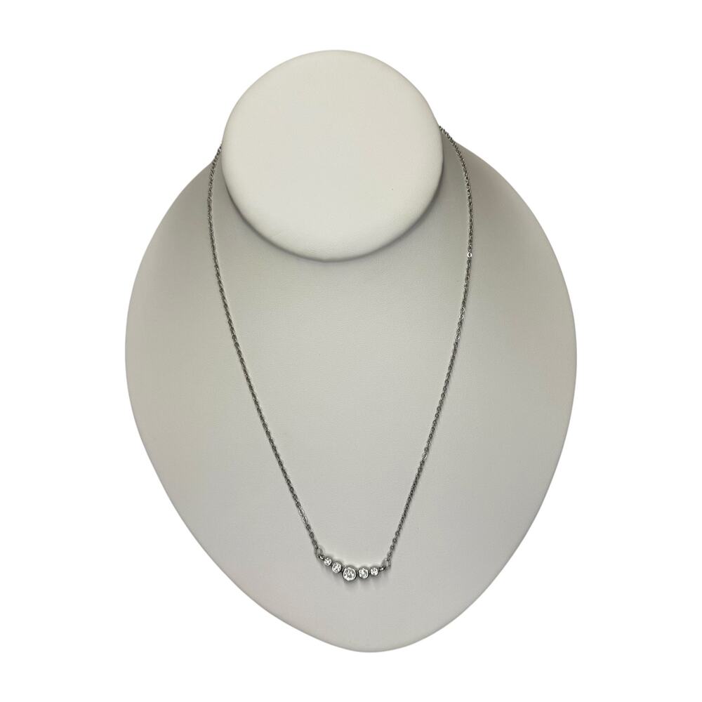 Silver Rhinestone Bezel Bar Necklace Graduated 5 Stone Dainty Chain